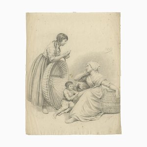 Artista holandés, mujer con niños y cestas, 1805, dibujo a lápiz