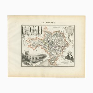 Map of Gard France with Pont Du Gard and Wine Regions by Vuillemin, 1800s