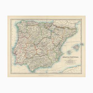 Antike Karte von Spanien und Portugal mit regionalen Grenzen und Küstendetails, 1903