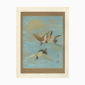 Japanese Cranes Moonlit Flight, 1880s, Lithograph