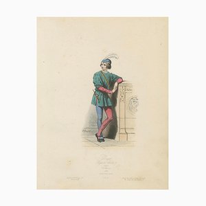 Antique French Costume Print of Medieval Page Boy, Hand-Colored, 19th Century