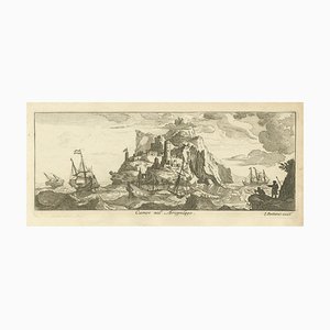 Peeters, île fortifiée de l'archipel égéen avec des navires en mer, 1680, impression