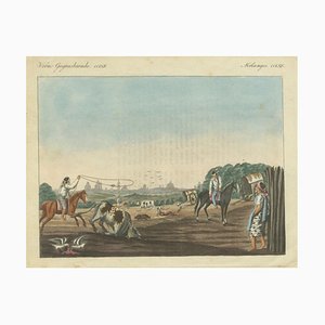 Bertuch, Gauchos Lassoing Rinder in Buenos Aires, Argentinien, 1823, farbige Gravur