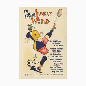 Affiche Vintage New York Sunday World, Woman Kicking Football, 1895