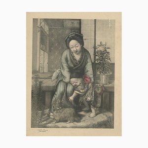 Nigita Tai, Mother, Child, and Dog Scene, 1880s, Lithograph on Paper