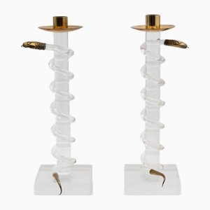 Portacandele Serpent Snake in acrilico e ottone di Alessandro Albrizzi, anni '70, set di 2