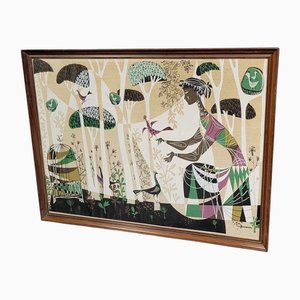 René Fumeron, Paisaje natural animado por una mujer y pájaros, óleo sobre lienzo