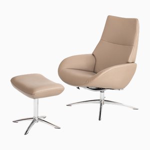 Set of Reclining and Swiveling Leather Armchair with Ottoman Lotus Model by Kebe A/S, Denmark