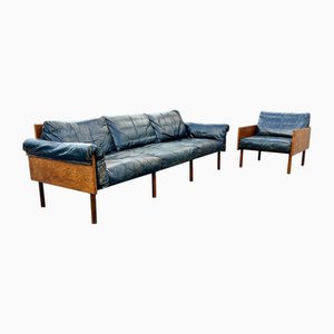 Ateljee Sofa and Armchair in Oak and Leather by Yrjö Kukkapuro for Haimi, 1960s, Set of 2