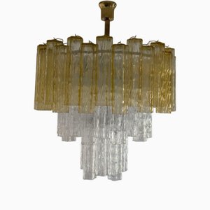 Lampada a cascata in vetro di Murano ambra e cristallo, anni '70