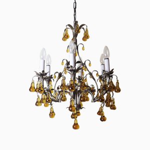 Venetian Six-Light Silver Chandelier with Amber Pear Fruit Murano Glass, 1960s