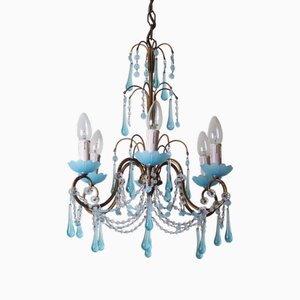 Lámpara de araña con cristal de Murano azul opalino y aguamarina, años 60