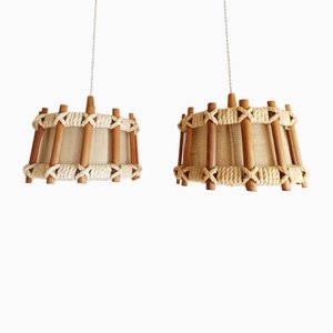 Scandinavian Wood and Rope Pendant Lights, 1970s, Set of 2