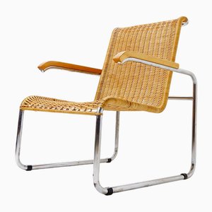 Fauteuil Vintage en Acier Tubulaire et Osier par Marcel Breuer