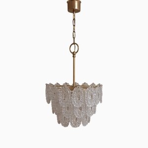 Vintage German Chandelier with Gold-Plated Metal Frame and Patterned Crystal Glass Hangings, 1970s