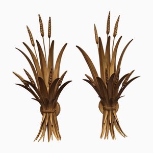 Vintage Wall Lamps in the Shape of Sheaf of Wheat in Gold-Painted Metal, 1970s, Set of 2