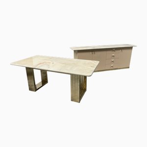 Juego de comedor vintage de chapa de madera, mármol de imitación y latón, Italia, 1976. Juego de 2