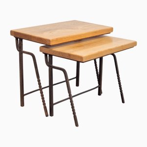 Brutalist Cast Iron and Oak Nesting Tables, 1970s, Set of 2