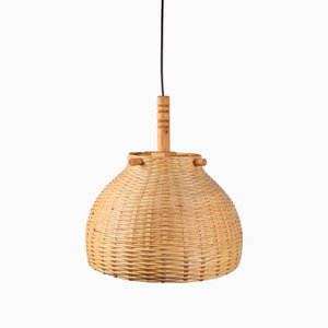 Scandinavian Wicker Rattan and Pine Hanging Lamp, 1960s