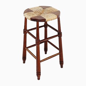 Brutalist Stool in Wood and Rice Straw, 1970s