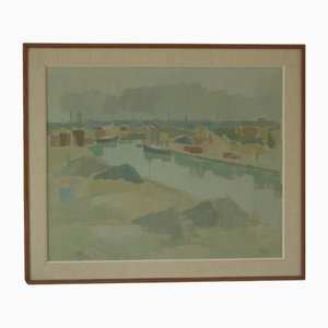 Birger Strååt, Landscape with Harbour, 1960s, Oil on Canvas, Framed