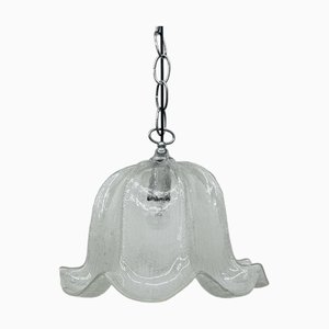 Mid-Century Bell-Shaped Ice Glass and Chrome Pendant Light, 1970s