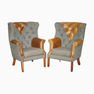 Chesterfield Porters Armlehnstühle aus Harris Tweed und braunem Leder