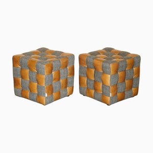 Harris Tweed and Brown Leather Poufs, Set of 2