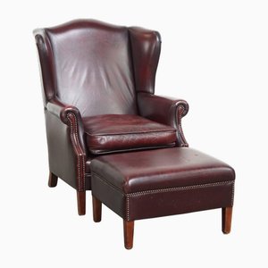 Burgundy Red Cowhide Wing Chair and Ottoman, Set of 2