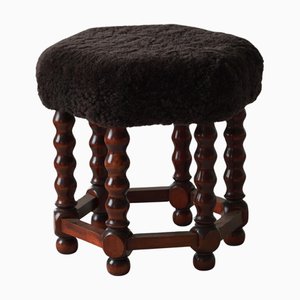 Hexagon Stool in Dark Brown Lambswool, 1950s