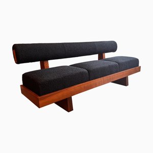 Large Architectural Bench with a Back Rest in Navy Blue Boucle, 2025