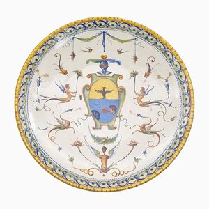 Large Majolica Display Plate with Decor and Central Noble Coat of Arms, Italy