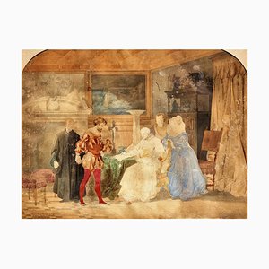 Giovanni Servi, Scène d'intérieur avec le pape lors de l'acte d'investiture, 1800s, Aquarelle sur Papier