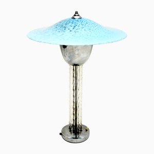 Large French Art Deco Chrome and Glass Table Lamp, 1930s