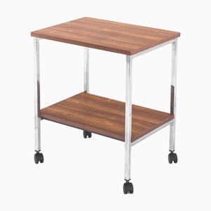 Vintage Wood and Chromed Iron Tube Side Table with Wheels, France, 1970s