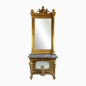 Consola victoriana de madera dorada y mármol, siglo XIX. Juego de 2