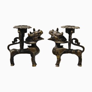 Antique Brass Dog of Fo Candlesticks, 1920s, Set of 2