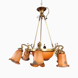 Art Nouveau Style Chandelier in Brass, Bronze and Glass Paste after Muller, 1950s