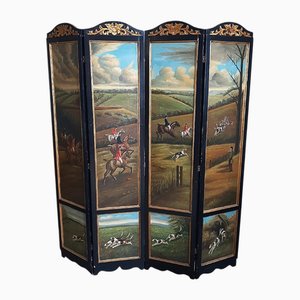 Room Divider in Black Wood with Painted Landscape, 1980s