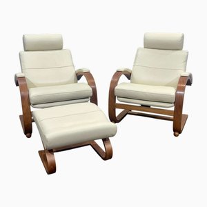 Nelo Sweden Armchairs and Ottoman from Roche Bobois in Leather and Stained Beech, Set of 3