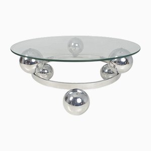 Tavolino da caffè Sputnik Atomic rotondo in metallo cromato con ripiano in vetro, anni '60