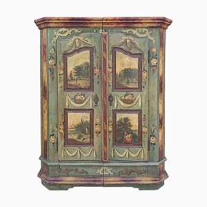 Green Painted Cupboard with Flowers and Landscapes, Early 19th Century