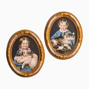 Regnier, Bettanier & Morlon, Children and Pets, inizio XIX secolo, litografie colorate, cornice, set di 2