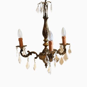 Lustre Vintage à Trois Bras en Cristal en Bronze et Laiton, France, 1940s
