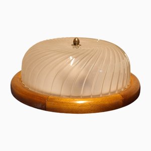 German Ceiling Lamp with Spiral-Shaped Segmented Matte Glass Shade on Chestnut Wood Mount, 1980s