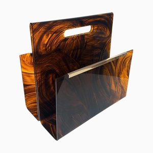 Italian Tortoiseshell Acrylic Glass and Brass Magazine Rack