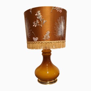 Vintage Amber Illuminated Glass Table Lamp with Handmade Fabric Shade, 1970s