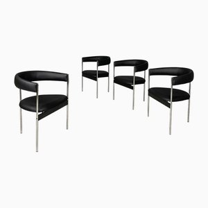 Italienische Mid-Century Modern Sessel mit Gestell aus verchromtem Metall & schwarzem Kunstleder, 1970er, 4 . Set