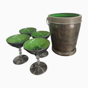 Green Glass and Silver-Plated Cocktail Set, 1970s, Set of 5