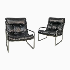 Fauteuils Modernes en Métal Tubulaire et Similicuir Noir, Italie, 1970s, Set de 2